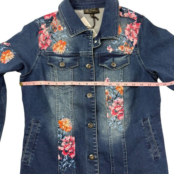 NEW DG2 by Diane Gilman Floral Denim Jean Jacket Women Size Medium Split Cuffs - Picture 10 of 12